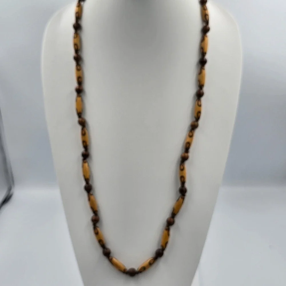 Vintage 90s Brown Wood Chunky Bead Necklace Earthy Statement Fashion Jewelry